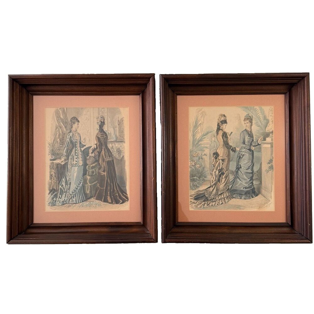 Antique French Fashion Plate Frame Lithograph Art Set 1800s Anaïs Toudouze 14x16